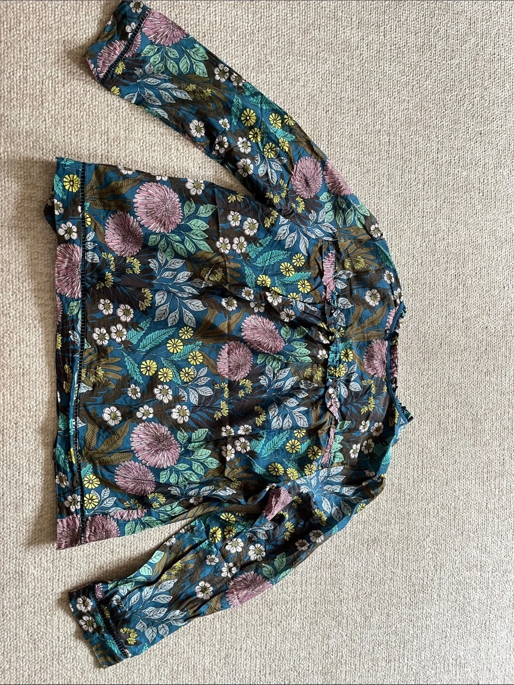 J. Crew Teal Floral Ruffle-Neck Blouse with Purple and Yellow Accents